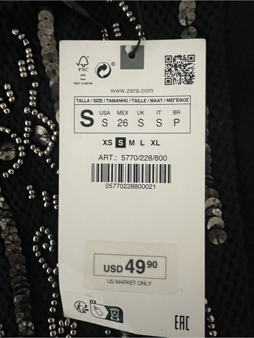 ZARA Black Beaded Sequin Embroidered Batwing Blouse NWT S - Picture 6 of 6